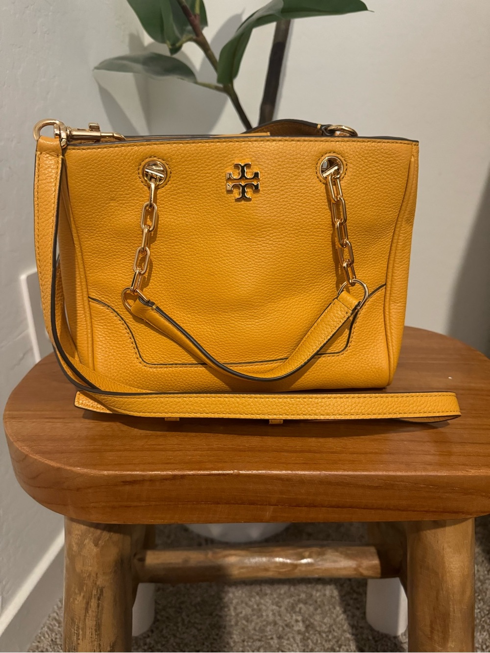 Tory Burch Mustard Pebbled Leather Chain-Accent Crossbody Bag